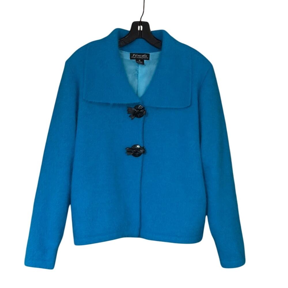 Venesha Vintage Angora Eyelash Knit Turquoise Blue Cardigan Sweater Jacket MED